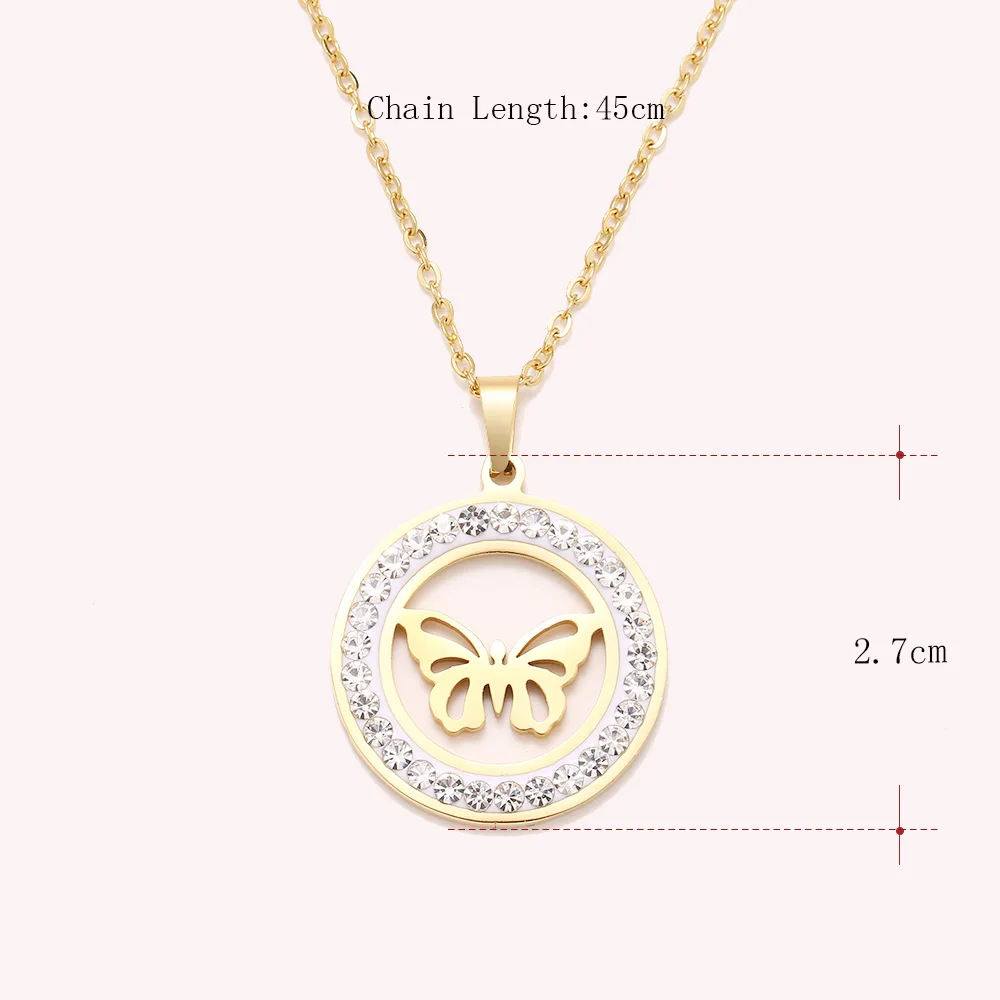 Cacana Stainless Steel Crystal Round Pendants Necklace Women Jewelry Butterfly Trendy Necklaces Donot Fade Valentine's Day Gift (2)