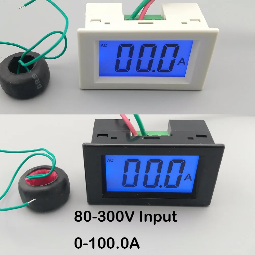 

LCD display white and black ampere meter Ammeter range AC 0-100.0A Panel Monitor blue backlight 80-300V Inpute