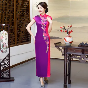 

Satin Print Flower Chinese Traditional Dresses Lady Sexy Rayon Qipao Women Oversize Vestidso Spring Evening Party Cheongsam
