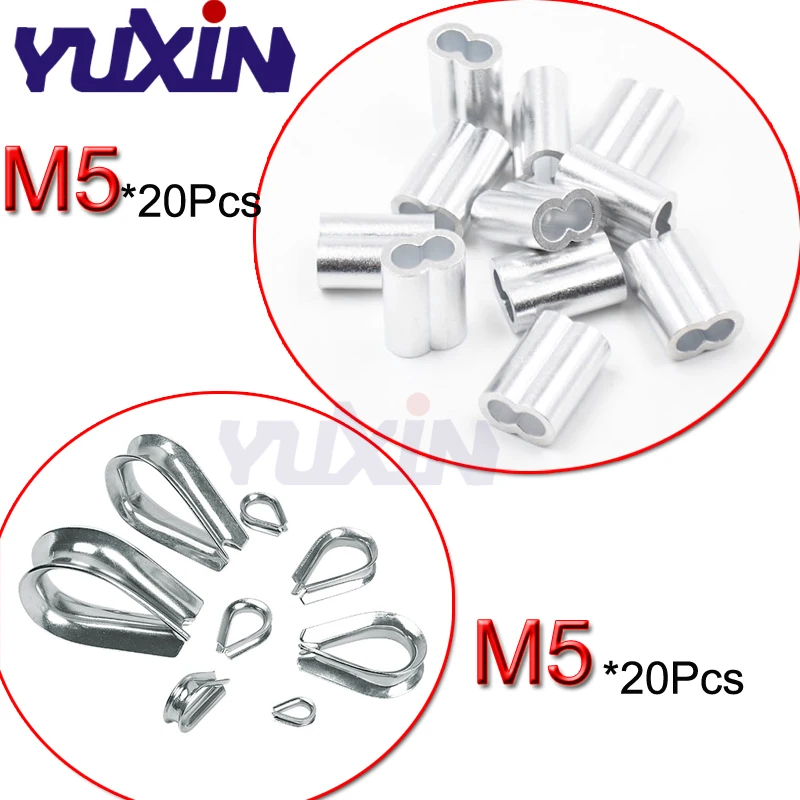 

40pc Diameter 5mm M5 Sleeves Aluminium Oval Double Hole And Stainless Steel Thimble Rope For Crimping Wire Rope Assortment Kit