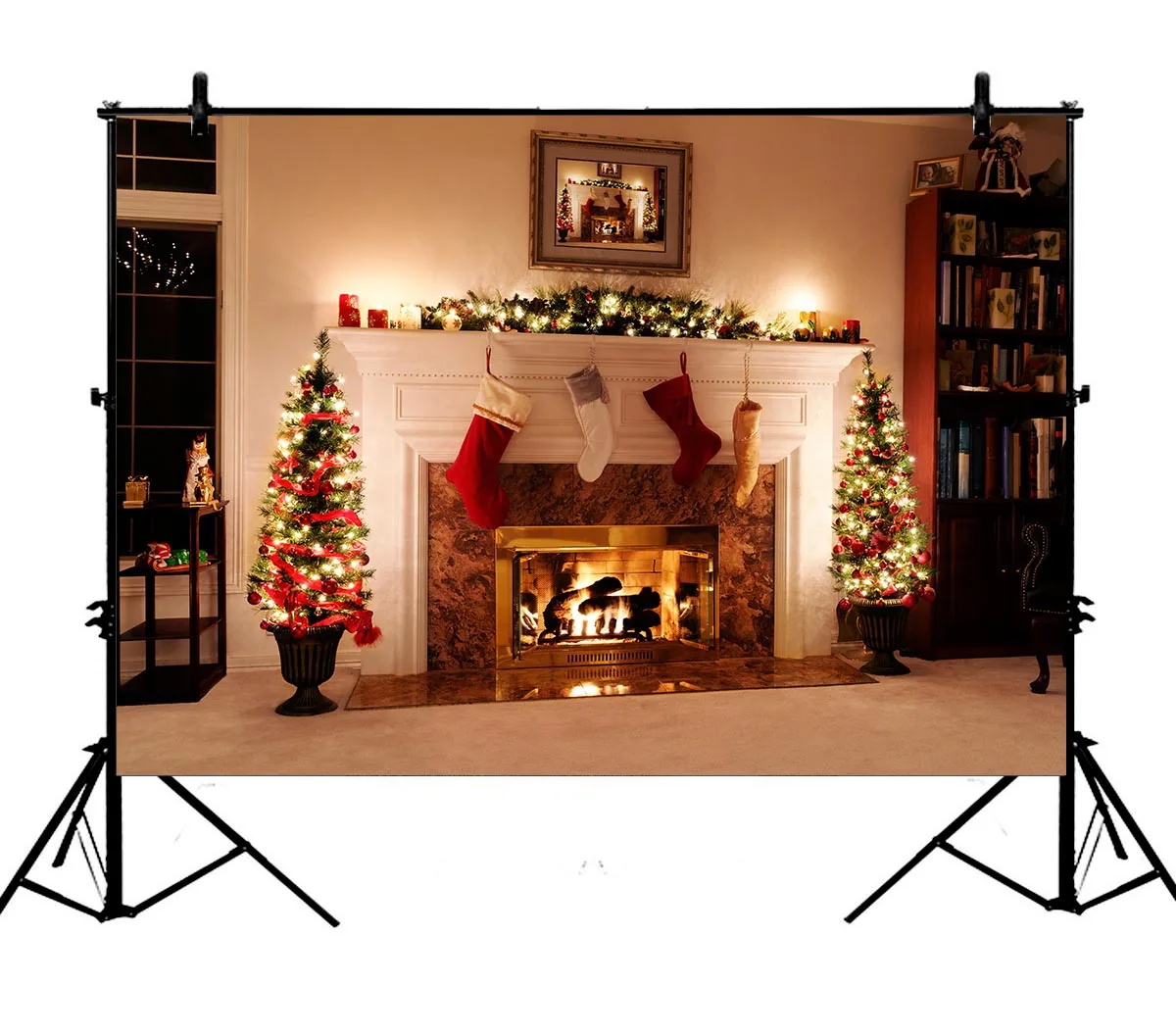 

5x7ft Happy Christmas Tree Socks Fireplace Polyester Photo Background Portrait Backdrop