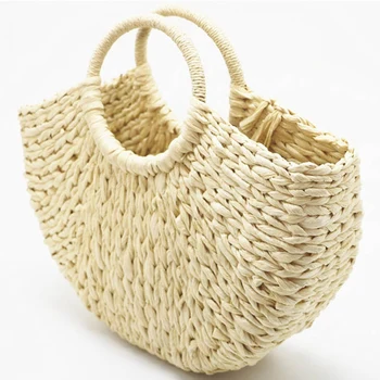 

Handmade Beach Bag Round Straw Tote Bag Large Bucket Summer Bags Women Natural Basket Handbag