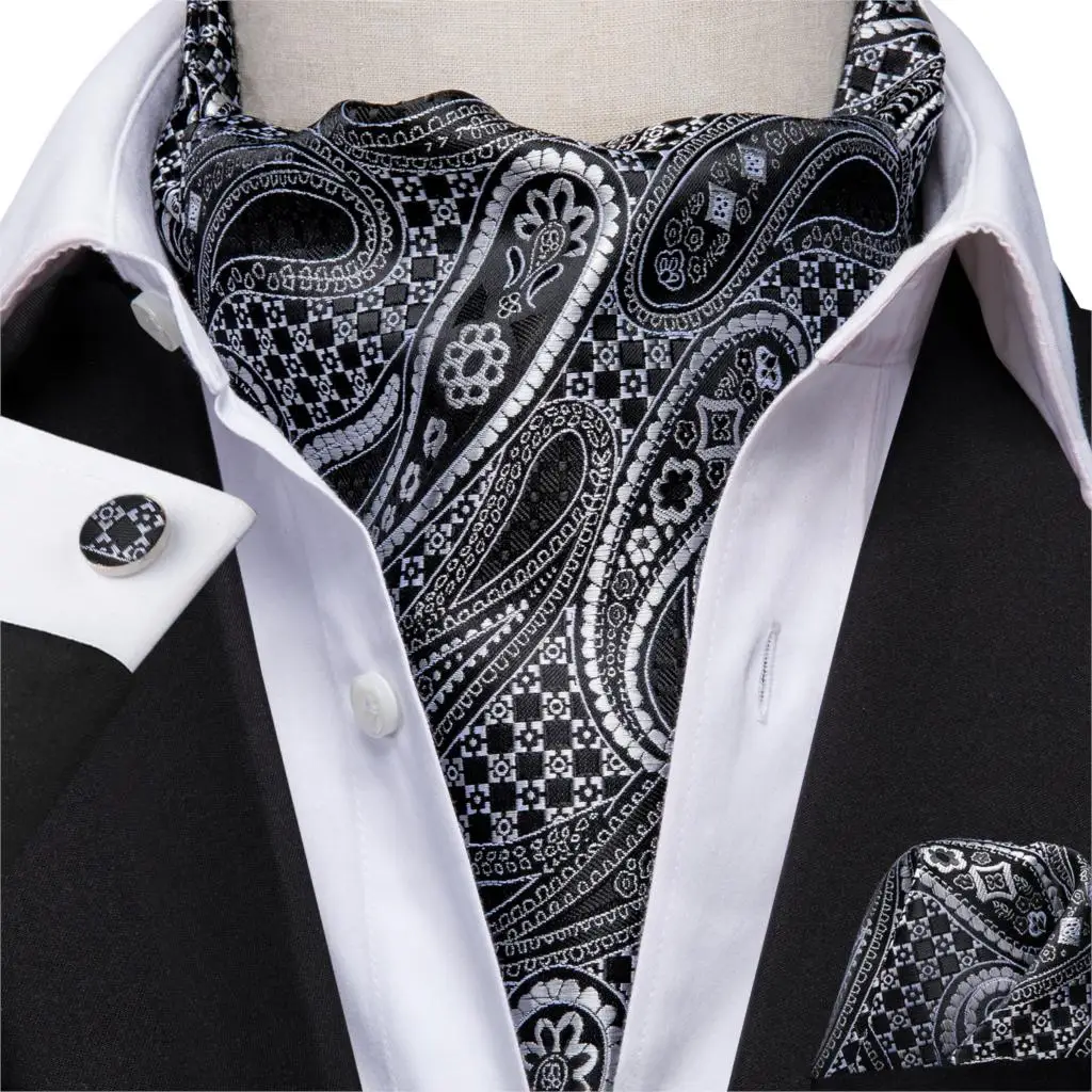 Men Ascot Tie Black Cravat Floral Silk Scarf Ties Plaid Pocket Square Cufflink Set Designer for Party Wedding Tie Hi-Tie AS-1009