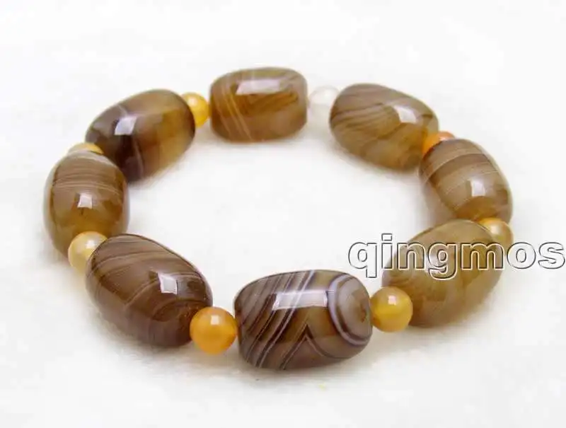 

Natural Big 12*16mm Barrel Shape Brown Striped Bostwana stone and 6mm Orange Round stone 7.5'' Bracelet-bra421 Free shipping