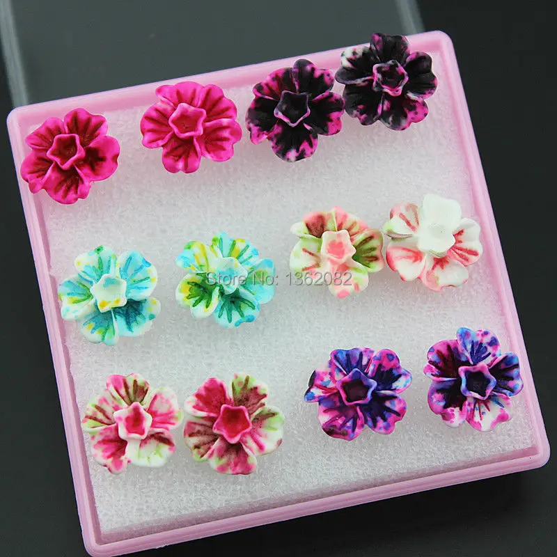 6pairs Beautiful Resin Carved Flower Earrings for Girl Women's Colorful