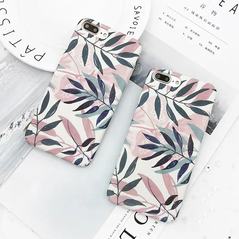 

For iPhone 6 6S 7 8 Plus X Case Fashion Plants Leaves Print Frosted Hard PC Ultra Thin For iPhone X 10 phone Back Cover Cases