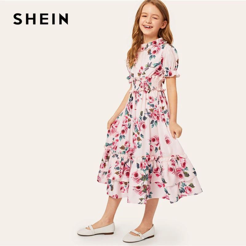 SHEIN/Детское платье розового цвета с цветочным принтом, многослойное платье-рубашка в стиле бохо для девочек, летнее праздничное платье с пышными рукавами и рюшами, милые платья средней длины