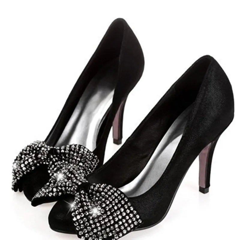 

Female Larger size 34-46 Luxury Diamond Customized Bow Pointy Toe Single High Heels Shoes Genuine Ture Flock Leather Women Pumps