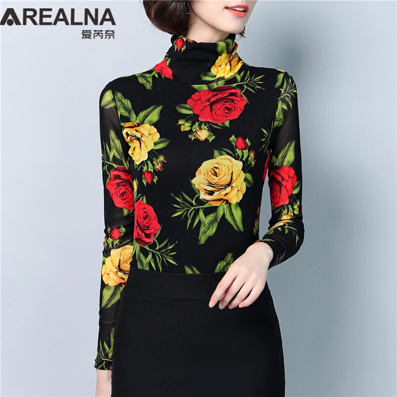 

Fashion 2019 Women Blouses High Elasticity Black Mesh Flowers Long Sleeve Slim Shirts Floral Print Ladies Kimono Tunic Work Tops