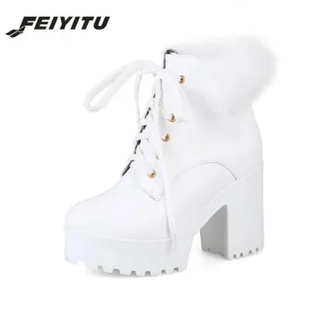 

feiyitu Snow White Sweet Pink Women Ankle Boots Female Rabbit Fur High Heel Platform Boots