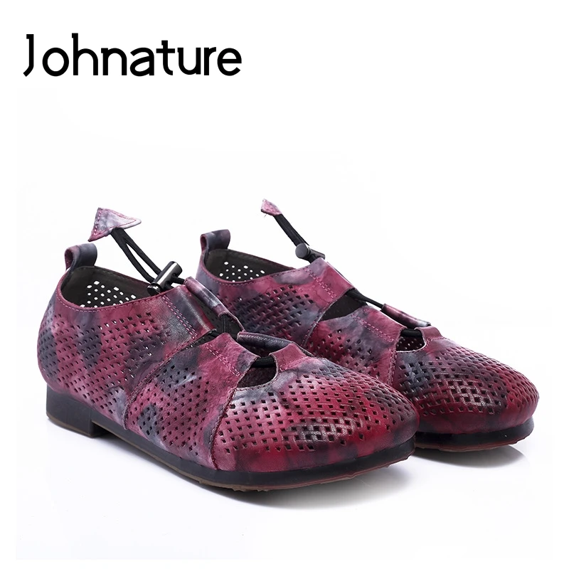 

Johnature 2020 New Spring/Summer Genuine Leather Casual Elastic Band Mixed Colors Retro Flat With Hollow Sandals Women Shoes