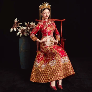 

Red Wedding dress traditional chinese Qipao National Costume Womens Overseas New China Style Bride Embroidery Cheongsam S-XXL