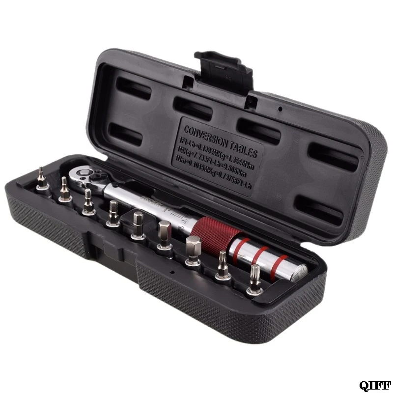

1/4" 2-15Nm Drive Click Torque Wrench Hand Spanner + 9 Socket Bits + Box Set Bike Bicycle Tool
