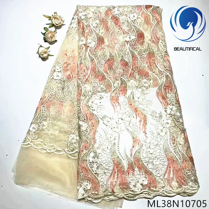 

Beautifical african lace fabrics Latest design embroidery nigerian net lace fabric with stones for wedding french lace ML38N107