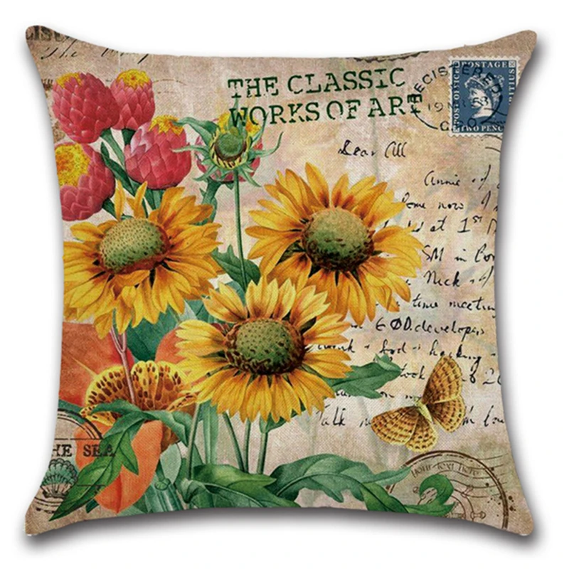 Pillow Case Hand Painted Sunflower Flowers Linen Cushion Cover