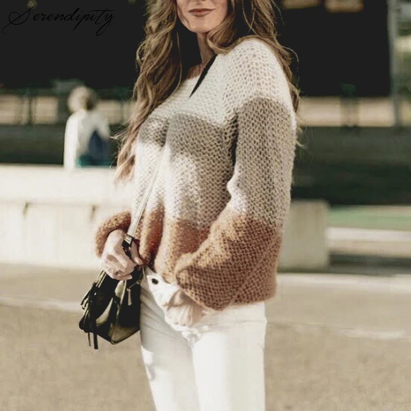 

SRDP 2019 Autumn Winter Women Pullover Sweater Khaki Block Loose Knitted Tops Fashion Female Lantern Sleeve Jumpers Plus Size