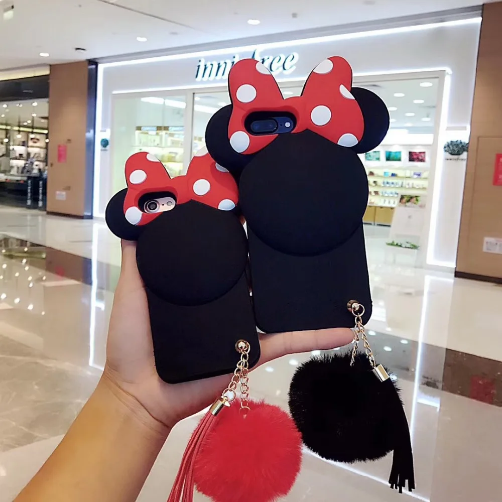 

Cute Bowknot Fur Ball Chain Strap Soft Cover Case For iPhone XS Max XR X 8 6 6S 7 Plus