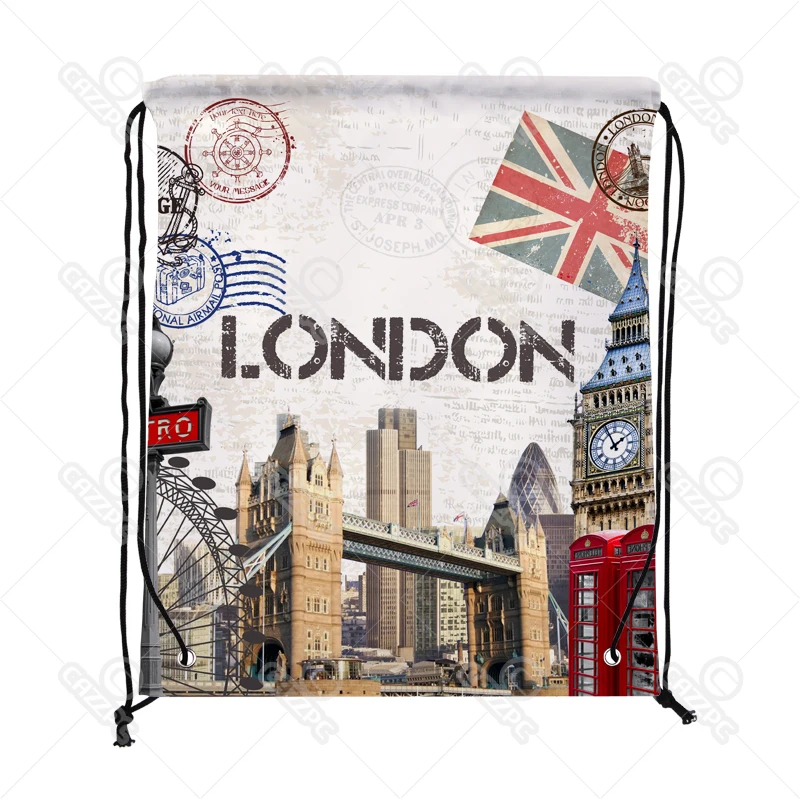 

Vintage Postmark London New York Paris Print Drawstring Backpack Shopping Travel Sack Shoes Gift Bag mochilas feminina