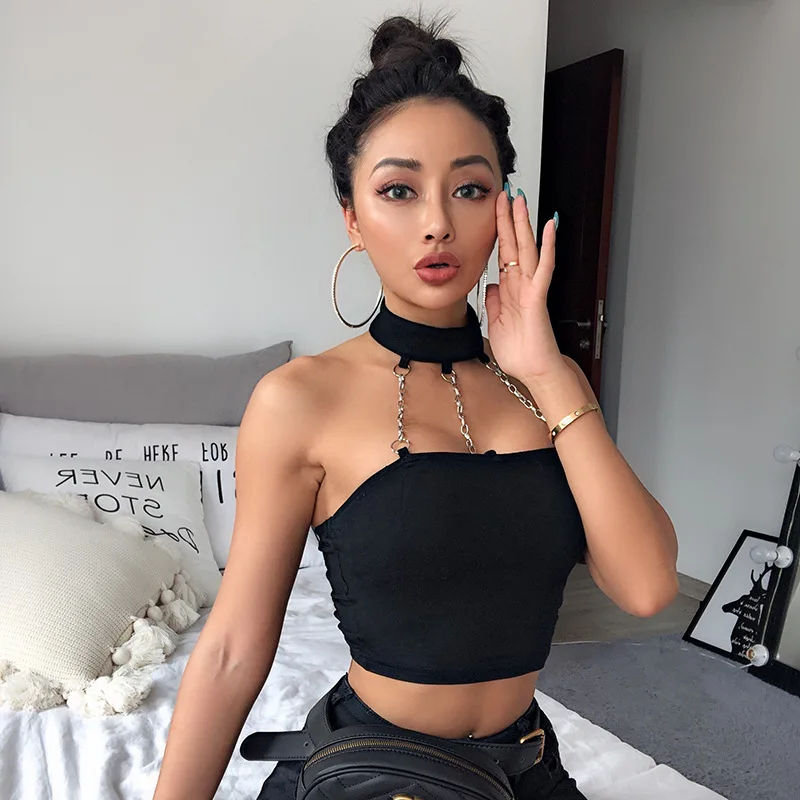 

Personality Chain Halter Design Women Vest Solid Color Simplicity Sleeveless One-word Collar Women Tank Top New Fashion Crop Top