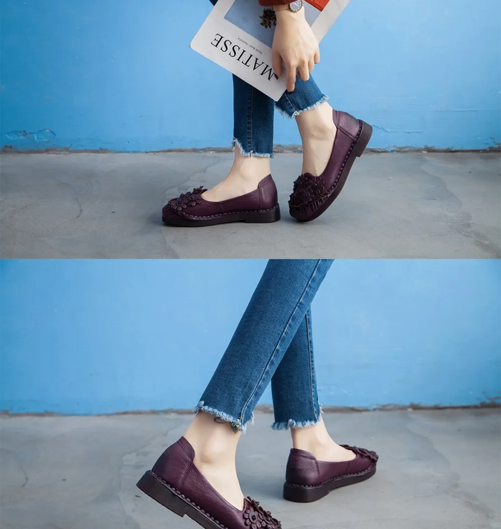 GKTINOO/Весенняя модная обувь на плоской мягкой подошве с круглым носком и цветочным узором; винтажная женская обувь из натуральной кожи на плоской подошве; Лоферы для девочек; большие размеры