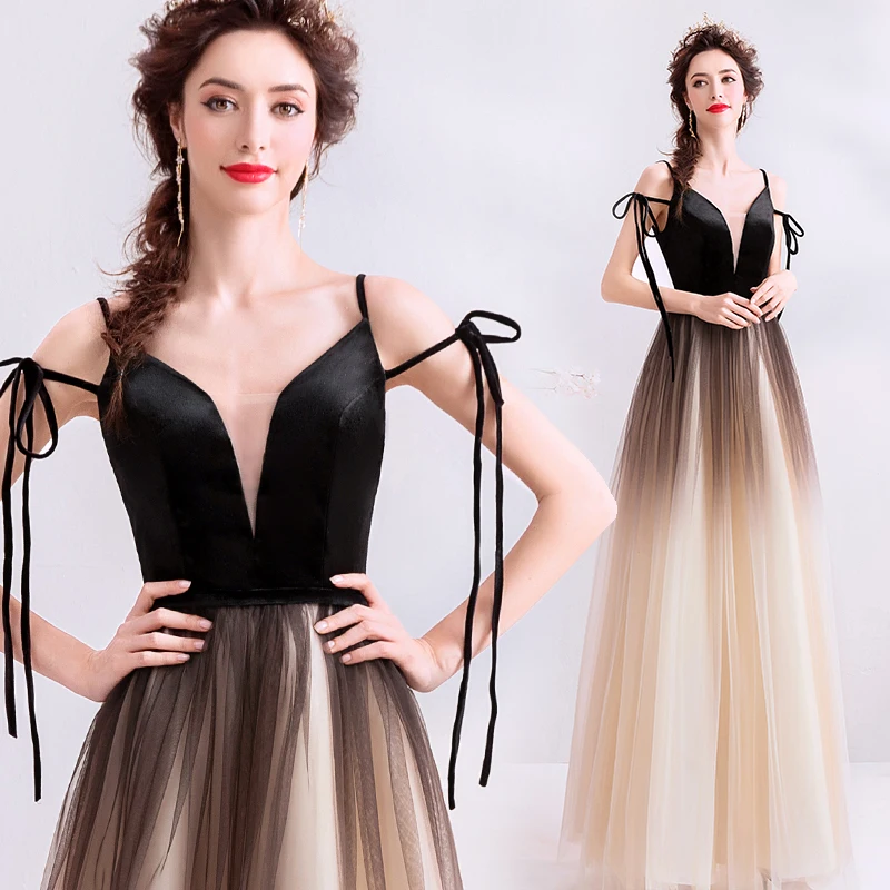 Это YiiYa вечернее платье градиентный черный цвет лук платья для вечеринок сексуальные спагетти ремень v-образным вырезом длинное свадебное официальное платье E147