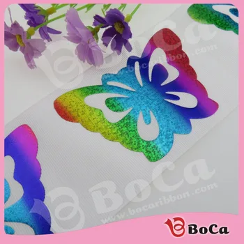

100 yard 3" 75mm white with rainbow butterfly hologram foil printed grosgrain ribbon custom