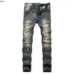 Байкерские джинсы Для мужчин хип-хоп Для мужчин s Рваные джинсы Винтаж Ретро Тонкий джинсовые штаны Элитный бренд мужской проблемных улица