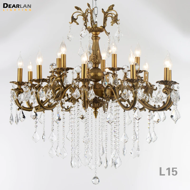 

15 Lights Brass Color Bronze Finish Crystal Chandelier Lamp Big Crystal Lustre Light Fixture 2 tiers Villa Cristal Lighting