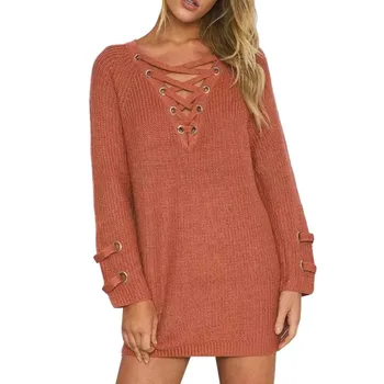 

Women Sweater and Pullovers female V Neck Knitted Lace up Sweater Striped Bandage Cross Ties Tops Loose Casual Long Jumper