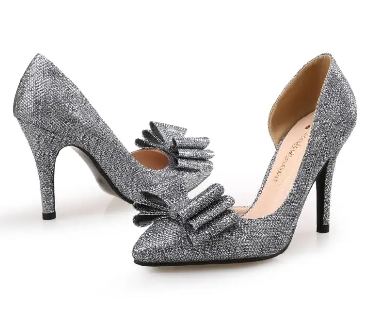 BaoYaFang/Новые пикантные женские свадебные вечерние туфли золотого, серого и синего цвета туфли на тонком высоком каблуке с закрытым носком женские туфли-лодочки с бантом - Цвет: gray 9cm
