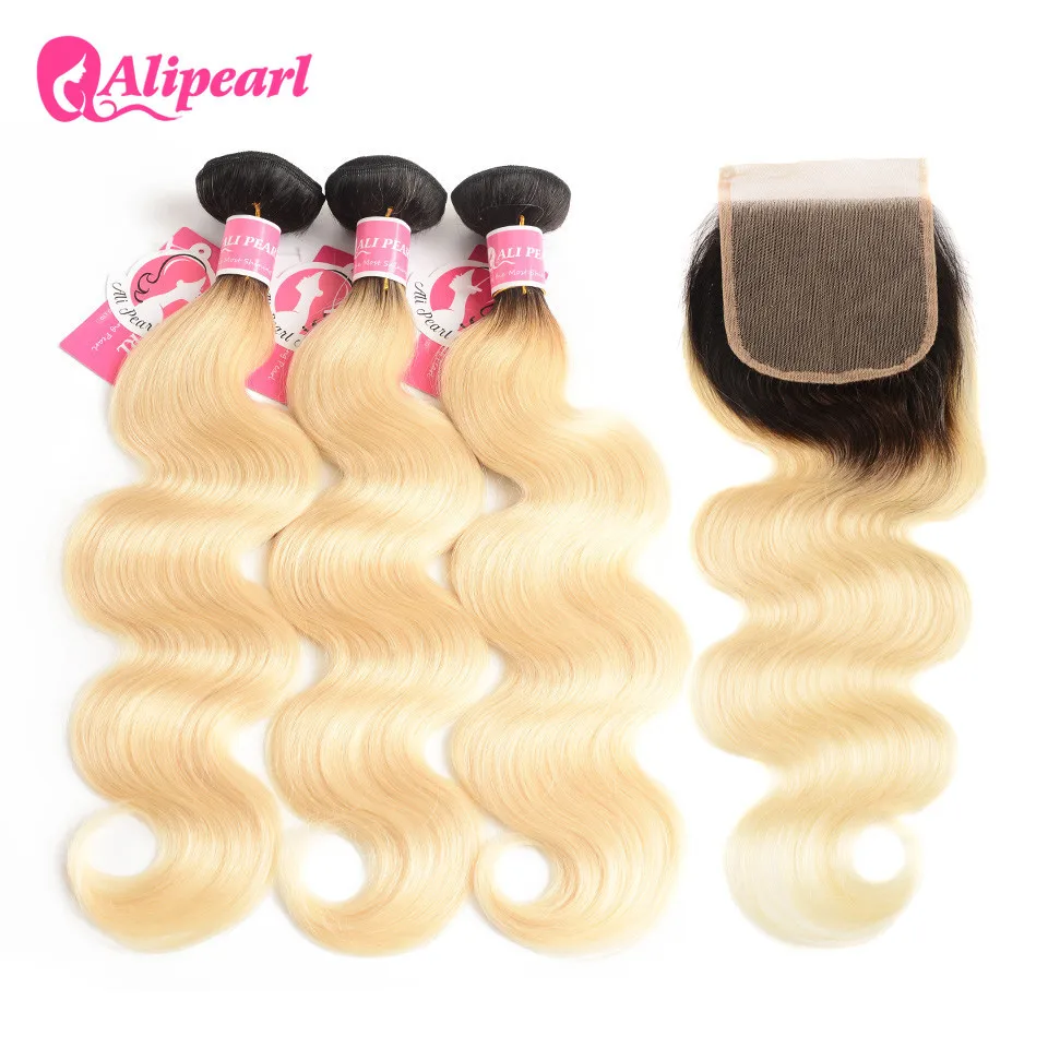 

AliPearl Hair 1b/613 Blonde Bundles With Closure Free Part Brazilian Body Wave Human Hair Bundles 10-24inch Remy Hair Extensions