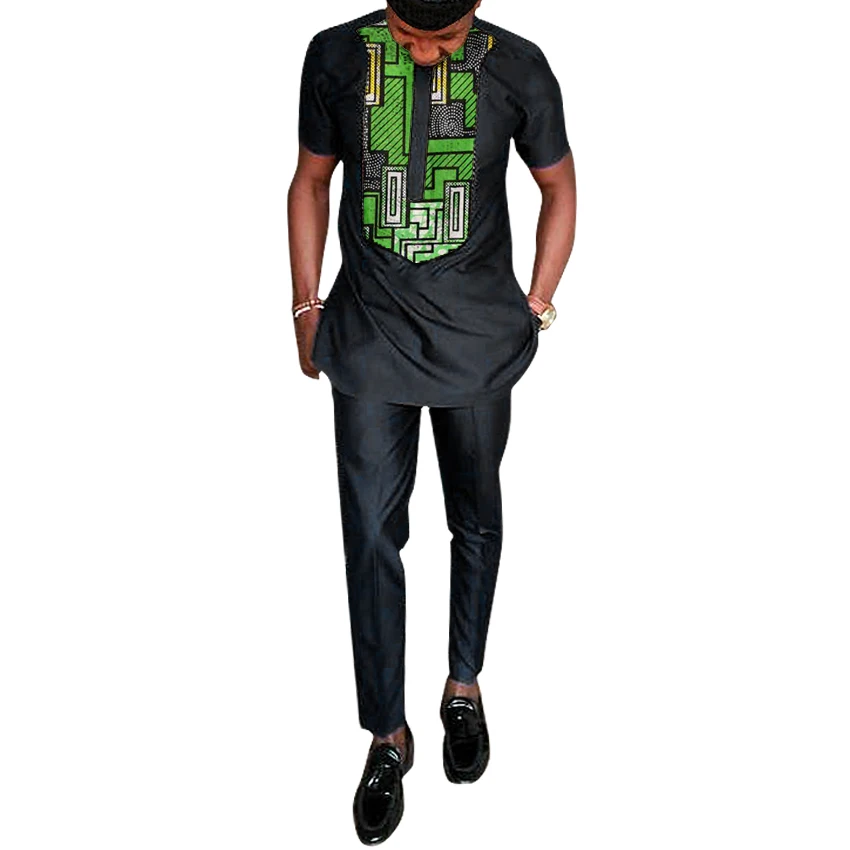 

African clothing men's print set shirt with trouser black patchwork Ankara pant sets customized wedding wear male formal outfits