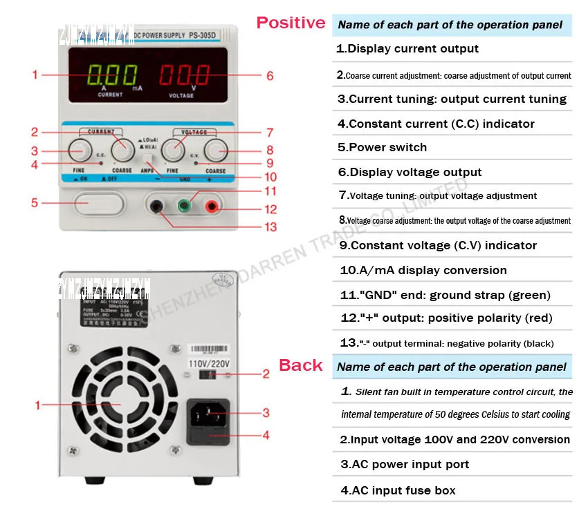 ZHAOXIN PS-305D переменный 30V 5A DC источник питания для лабораторной регулировки Цифровой Регулируемый источник питания постоянного тока AC 110V 220V+/-10