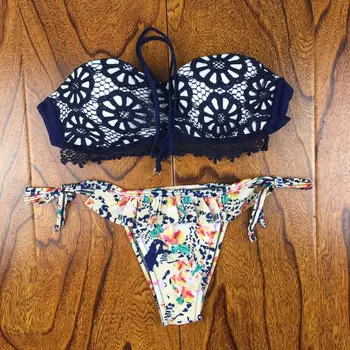 

Summer Style Floral Print Women Bikinis Set Crochet Lace Swimsuit Strapless Push Up Bandeau Biquinis Beachwear Bathing Suit
