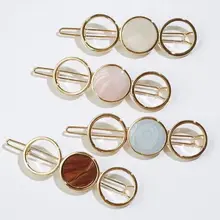 Women Girls Marble Textured Faux Crystal Decor Straight Hair Clips Hollow Out Circle Star Shape Metallic Gold Hairgrips Barrette faux sapphire alloy hollow out floral barrette