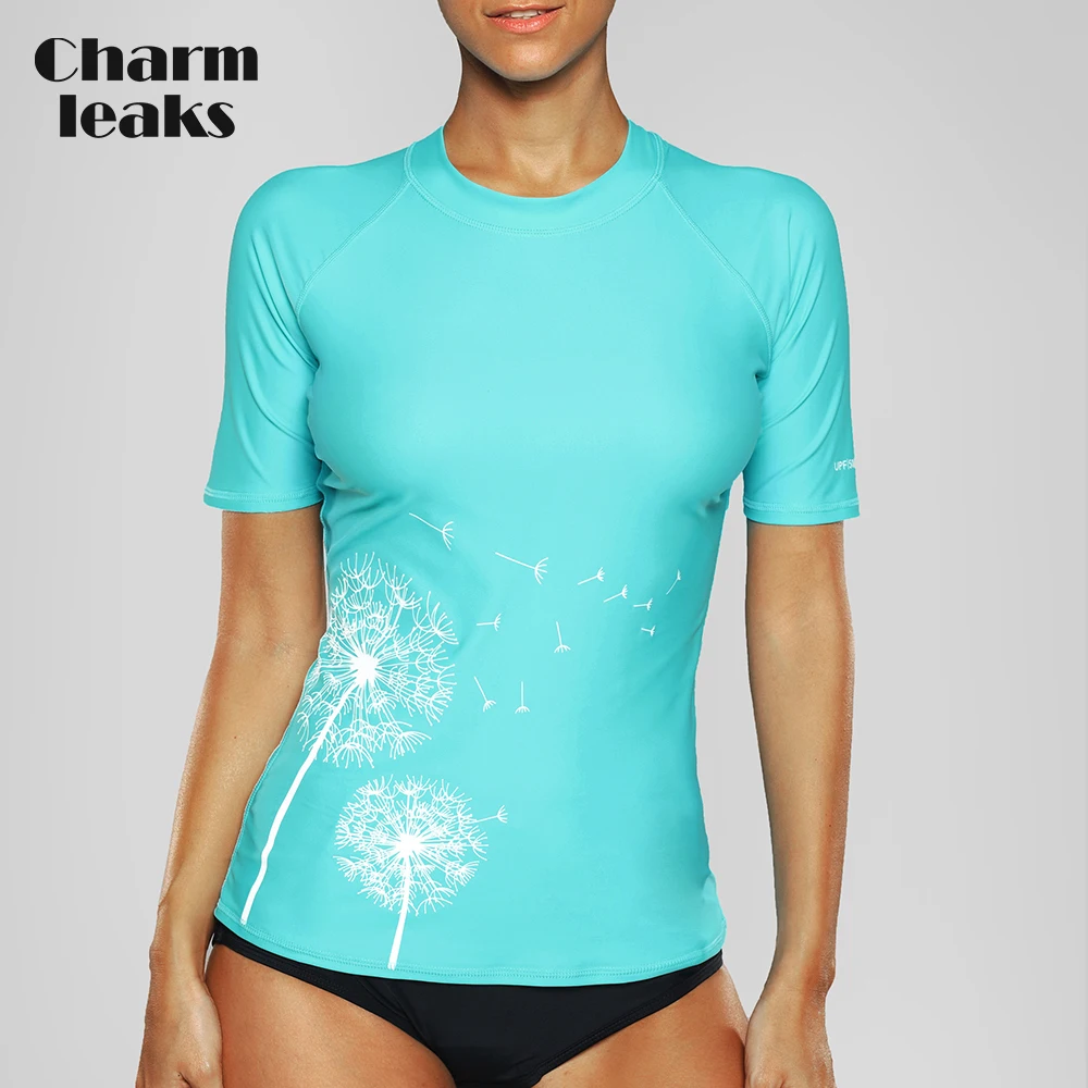 Charmleaks Women Short Sleeve Rashguard Swimwear Floral Print Swimsuit