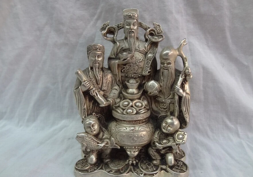 

S4984 Chinese Silver Buddhism Wealth Fu Lu Shou Peach RuYi Child Mammon God Statue D0317