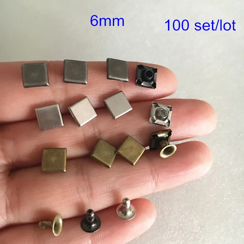 100 Set Flat Square Rivet Stud,6mm,silver,bronze,black gunmetal,6*6mm