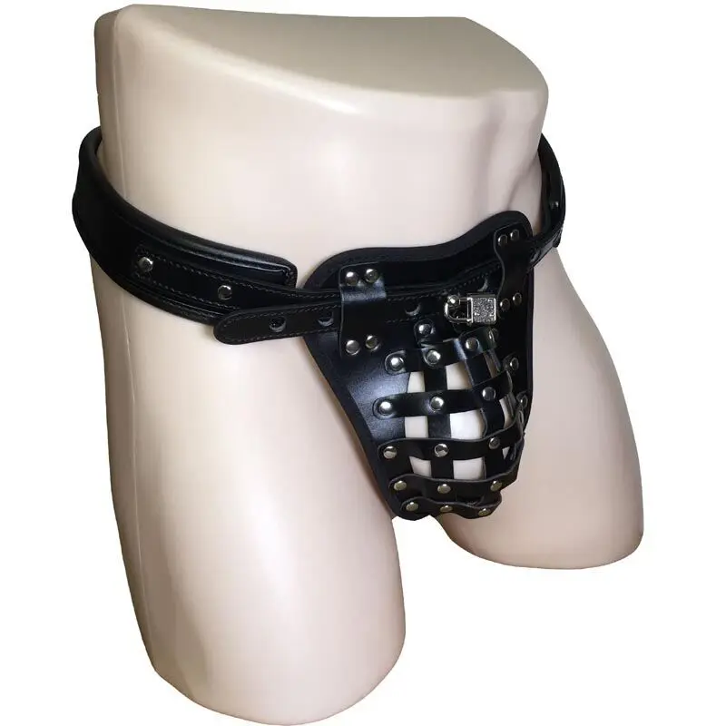 Men PU Leather Lockdown Penis Cage Knickers Chastity Underwear G-String Under Pants Fetish
