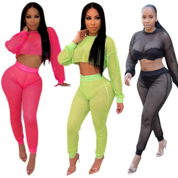 

Spring Summer Women Two Piece Set Top and Pants Plus Size Outfits Tracksuit Sweatsuit Mesh Hollow Out Sexy Club Sets