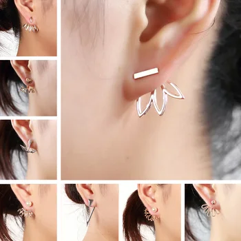 Women Stainless Steel Earring Simple Gold/Silver color Hollow Glossy Geometric shape Charm Double Sieded Stud Earrings Jewelry