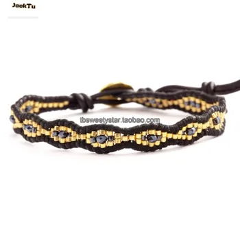 

wholesale gold seed beads crystal leather wrap bracelet