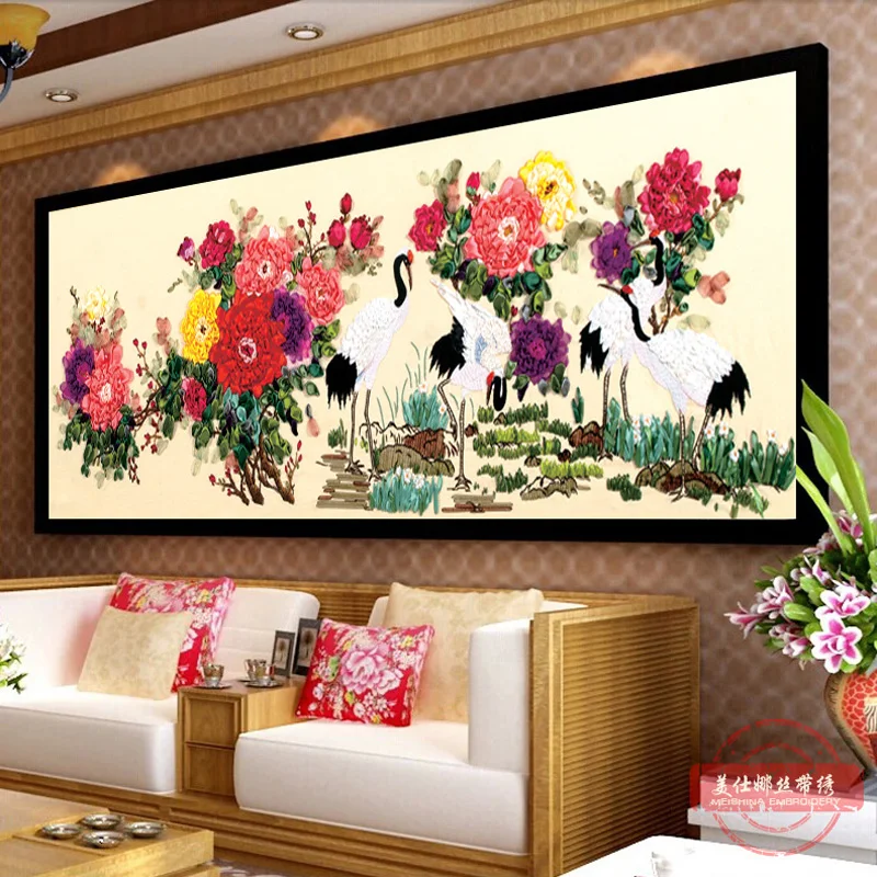 

DIY Ribbon Embroidery Landscape Crane Picture Decorative Canvas Painting Needlework Sewing Craft Cross Stitch Wall Decor F-0048