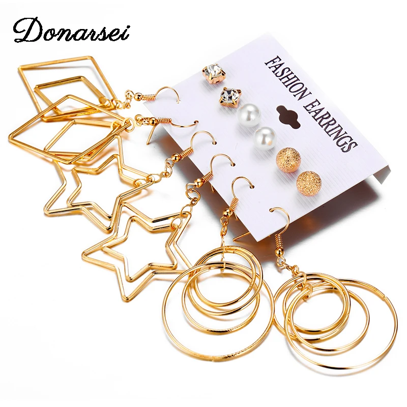 

Donarsei 6 Pairs/set Simple Smooth Star Square Drop Earrings For Women Simulated Pearl Round Earrings Star Circle Ear Loop Party