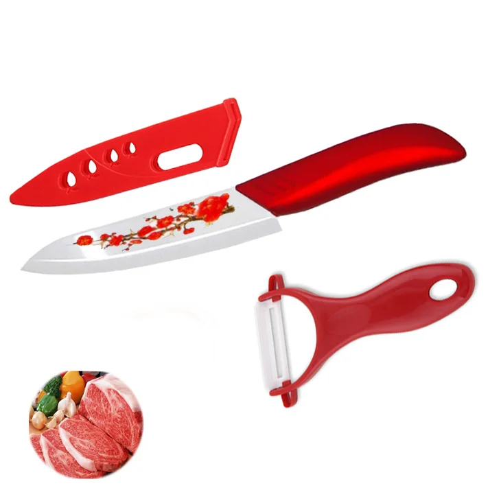 Beautyful red printed flower 6" inch kitchen knives ceramic chef knife with red color solf