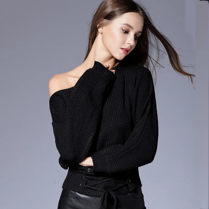 Slash Neck Sweater Women Lace Up High Waist Pullover Solid Color Casual Fashion 2018 Autumn Winter New  Long Sleeve Female Top 