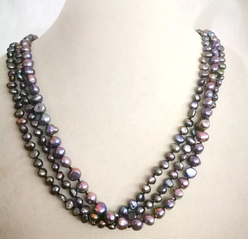 Women Jewelry 3 strands necklace 6 10mm pearl black brown colors