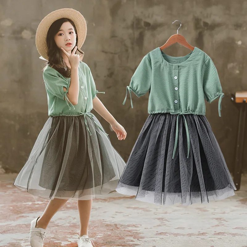 

2019 Fashion stripe Dress for Girls Children's Clothes Kids Lace Dresses Costume Summer Short sleeve top Siamese long Skirt