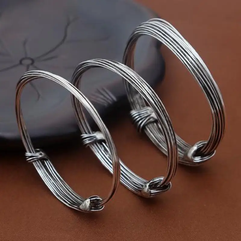 Винтажный тайский серебристый кабель проволочные браслеты для мужчин и женщин Регулируемый настоящий чистый 925 стерлингового серебра ювелирные изделия мужской Шарм Браслет