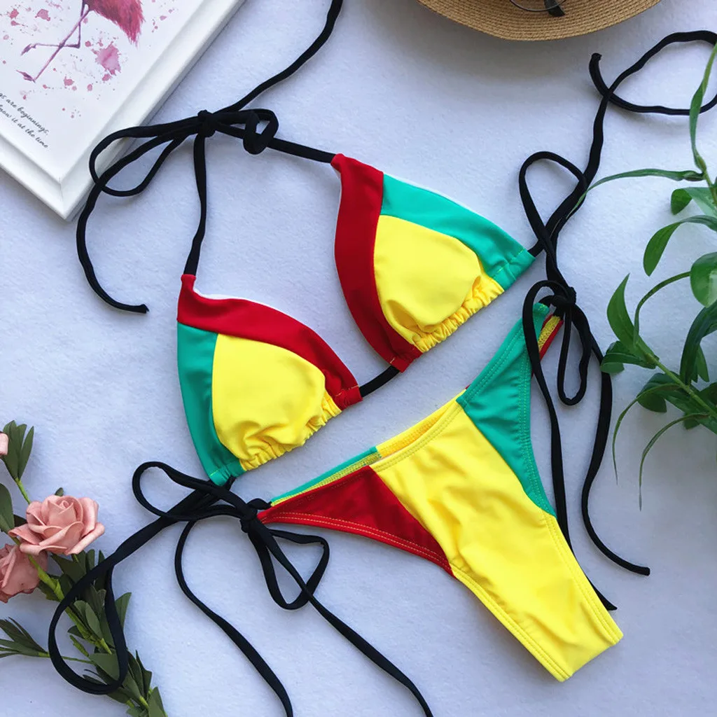 

Hot bikini 2019 Women Bikini Patchwork Set Swimsuit Two Piece Bra Swimwear Beachwear Swimsuit Female Swimwear women biquini